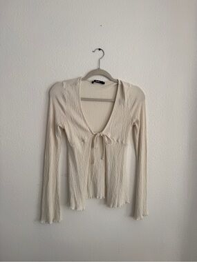 Bikbok Scandinavian Brand Light Cream Tie-Front Ribbed Long-Sleeve Top
